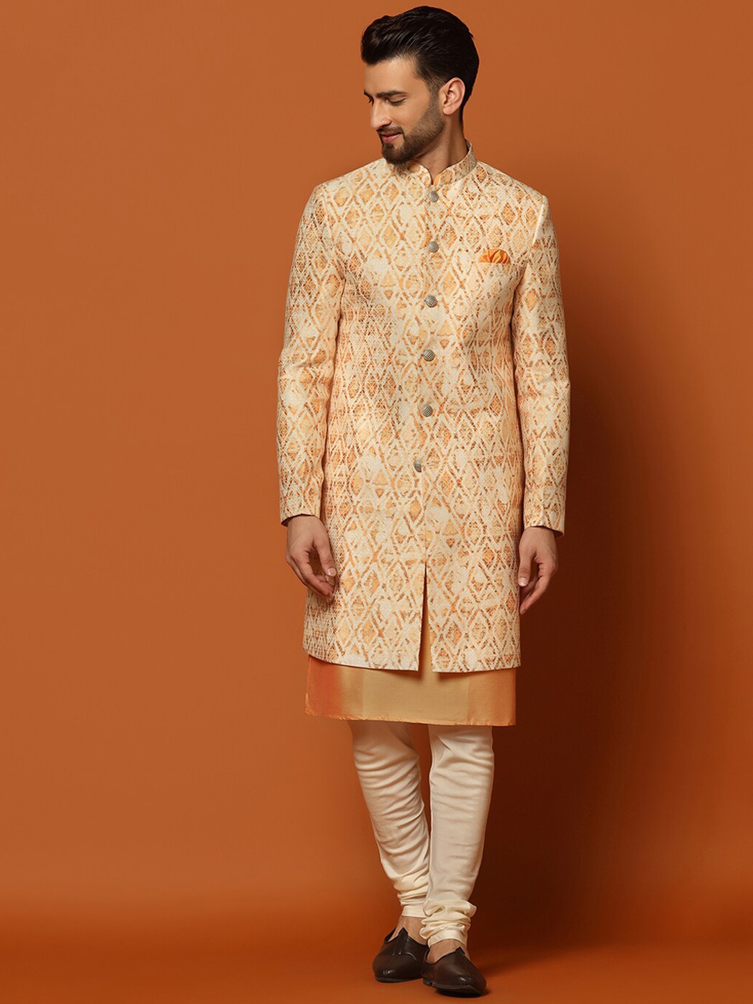 

KISAH Self-Design Cotton Sherwani Set, Orange
