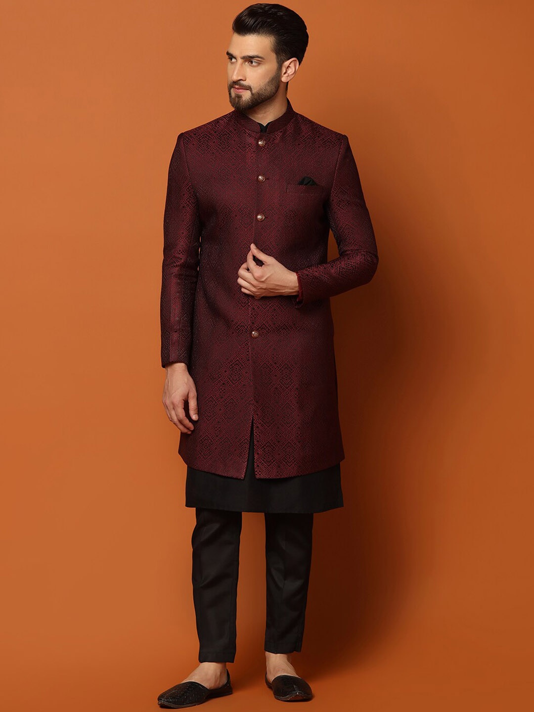 

KISAH Self-Design Cotton Sherwani Set, Maroon
