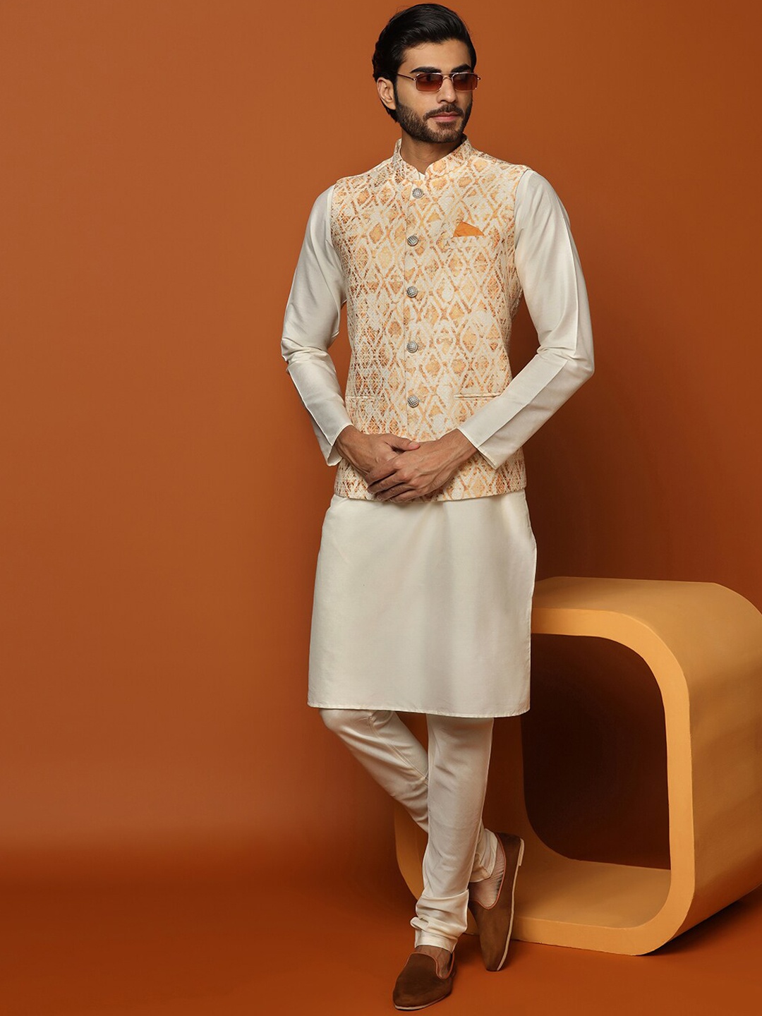 

KISAH Mandarin Collar Kurta with Churidar & Printed Nehru Jacket, Orange
