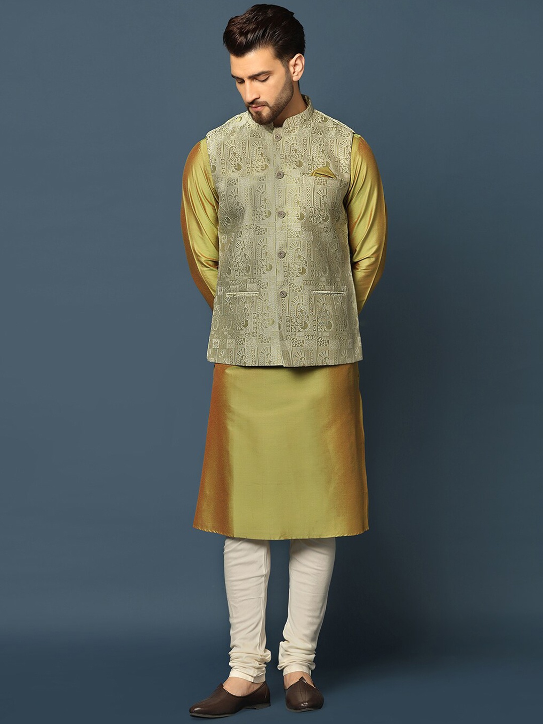 

KISAH Mandarin Collar Kurta with Churidar & Woven Design Nehru Jacket Set, Green