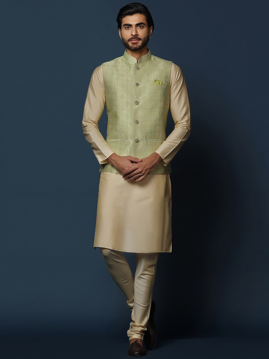 

KISAH Mandarin Collar Kurta with Churidar & Woven Design Nehru Jacket, Green