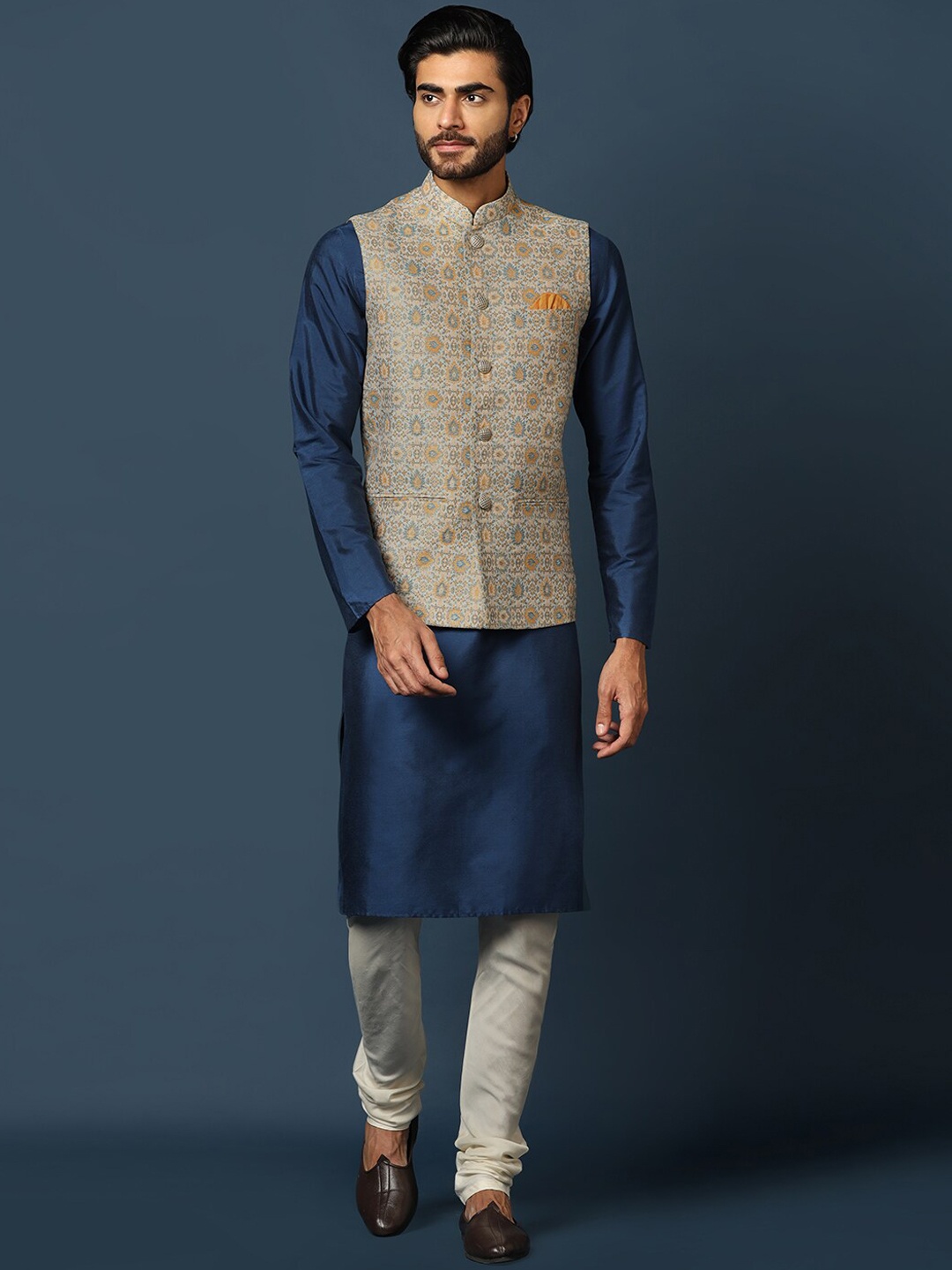

KISAH Mandarin CollarKurta with Churidar & Printed Nehru Jacket, Blue
