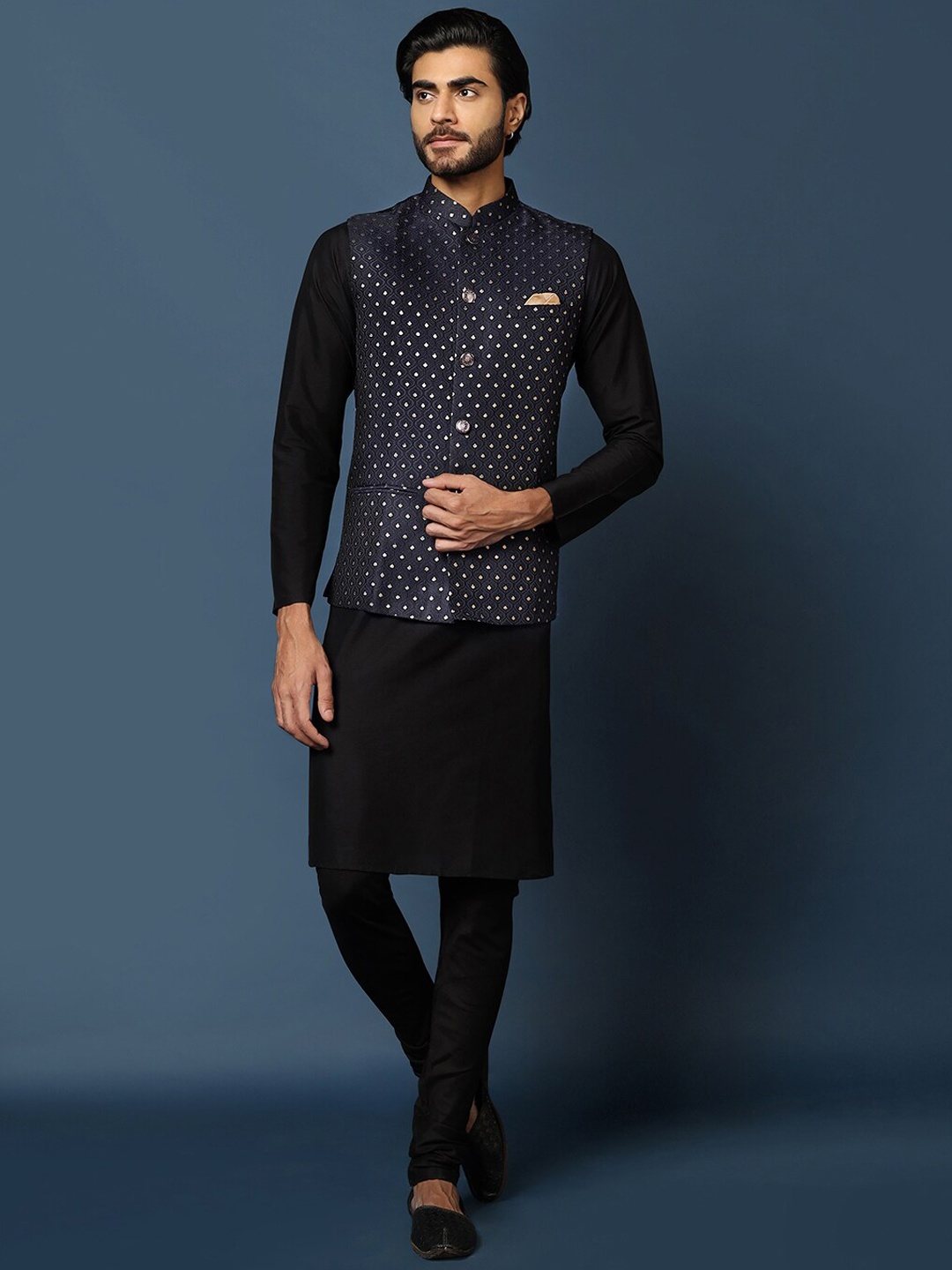 

KISAH Mandarin Collar Regular Kurta with Churidar & Woven Design Nehru Jacket, Navy blue