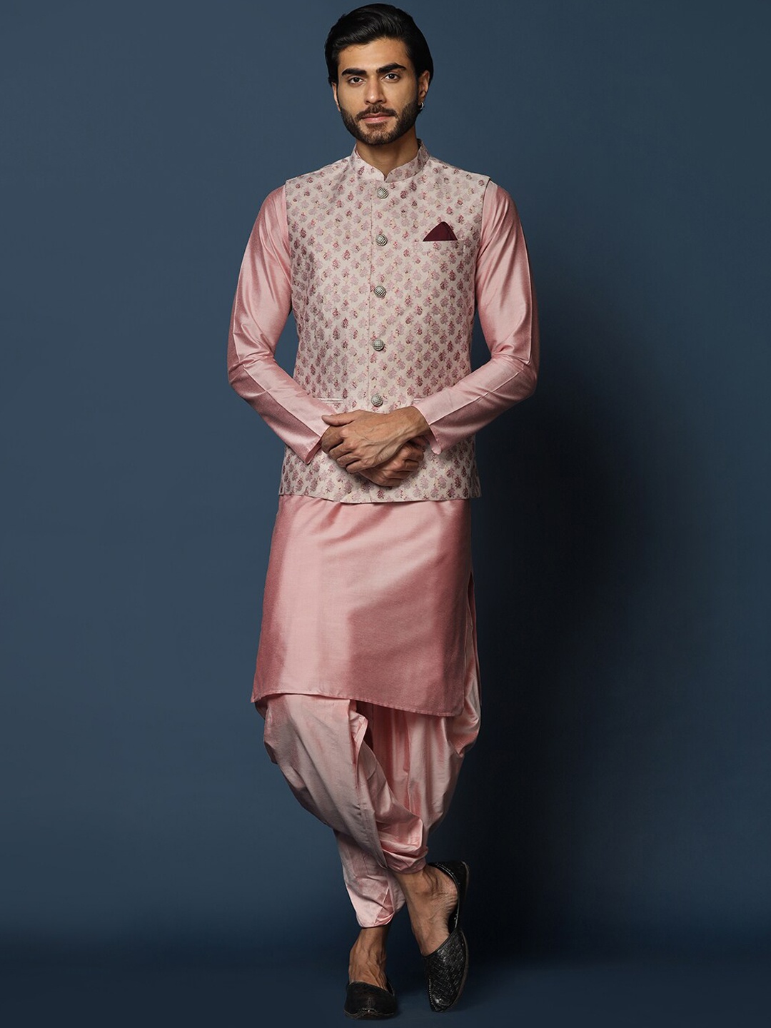 

KISAH Mandarin Collar Regular Kurta with Dhoti Pants & Floral Jacquard Nehru Jacket Set, Pink