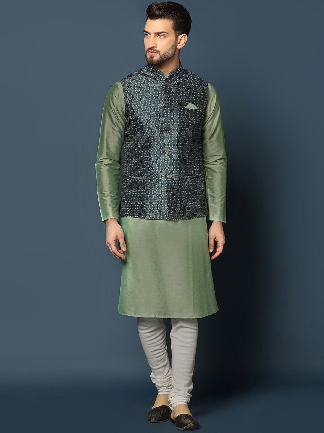 

KISAH Mandarin Collar Kurta with Churidar & Woven Design Nehru Jacket, Teal