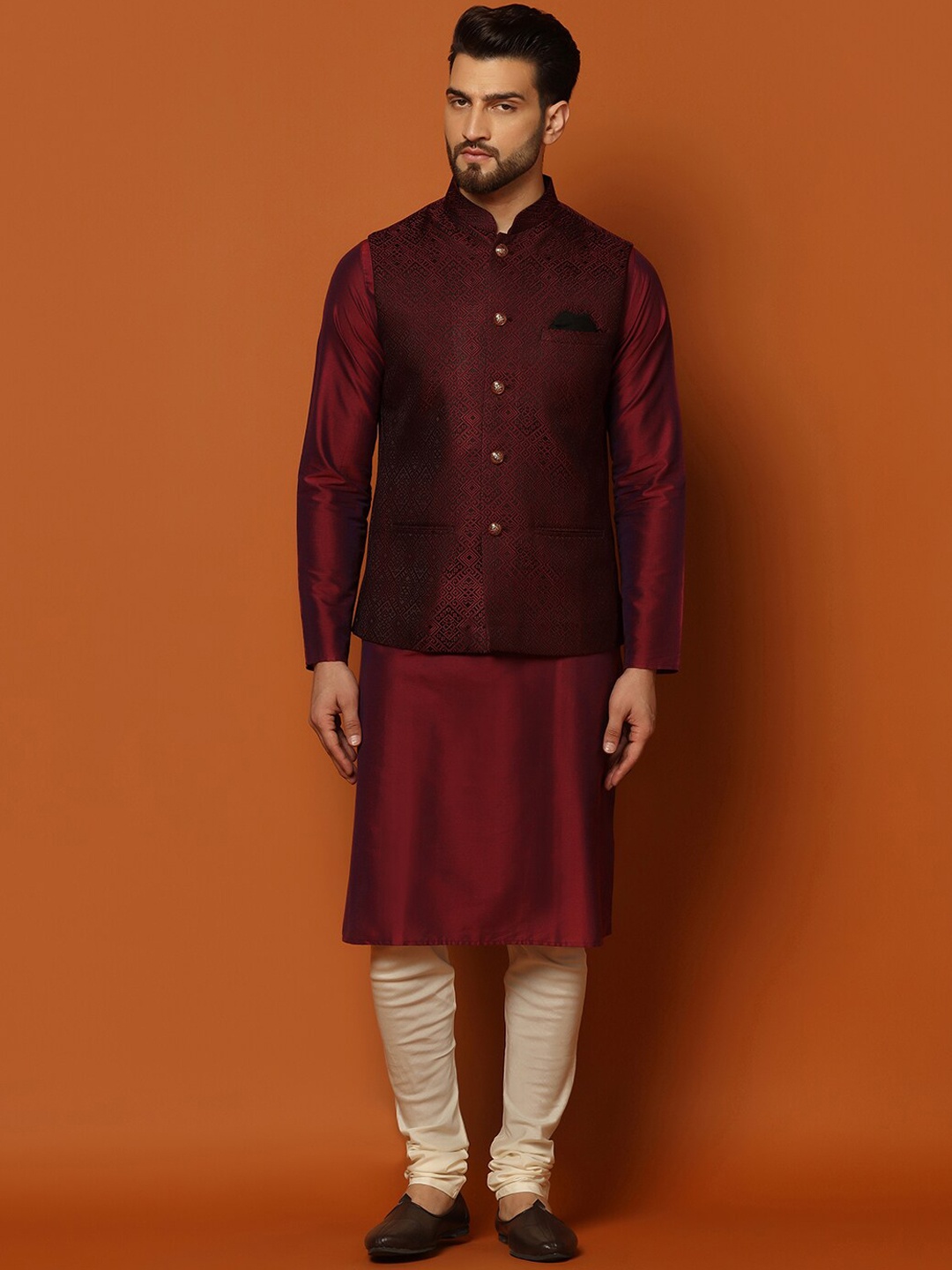 

KISAH Mandarin Collar Regular Kurta with Churidar & Woven Design Nehru Jacket, Maroon