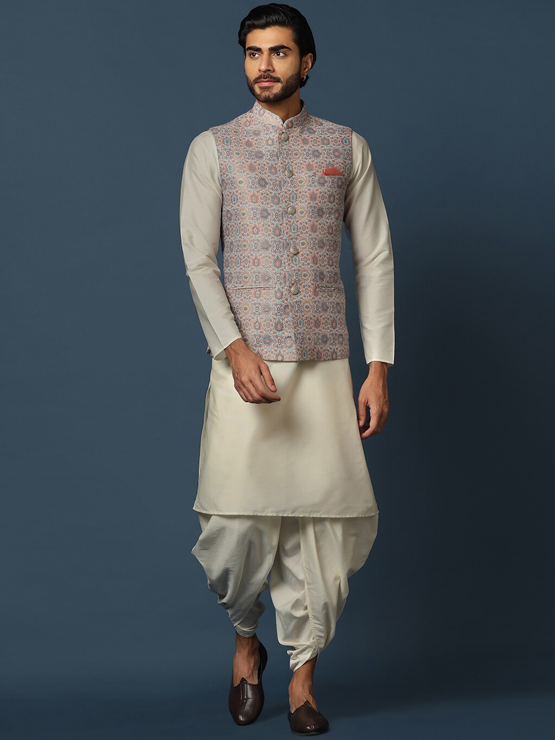 

KISAH Mandarin Collar Regular Kurta with Dhoti Pants & Printed Nehru Jacket, Cream