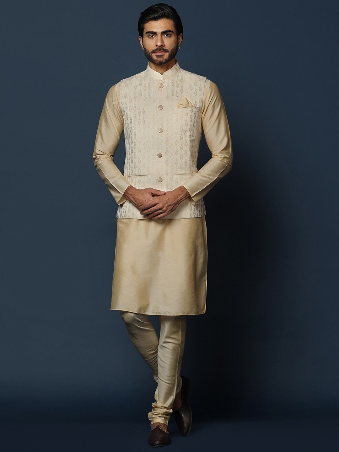 

KISAH Mandarin Collar Regular Kurta with Churidar & Printed Nehru Jacket, Beige