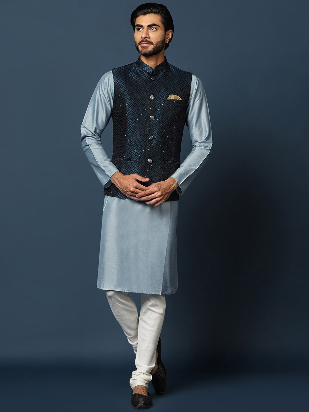 

KISAH Mandarin Collar Straight Kurta with Churidar & Nehru Jacket, Blue