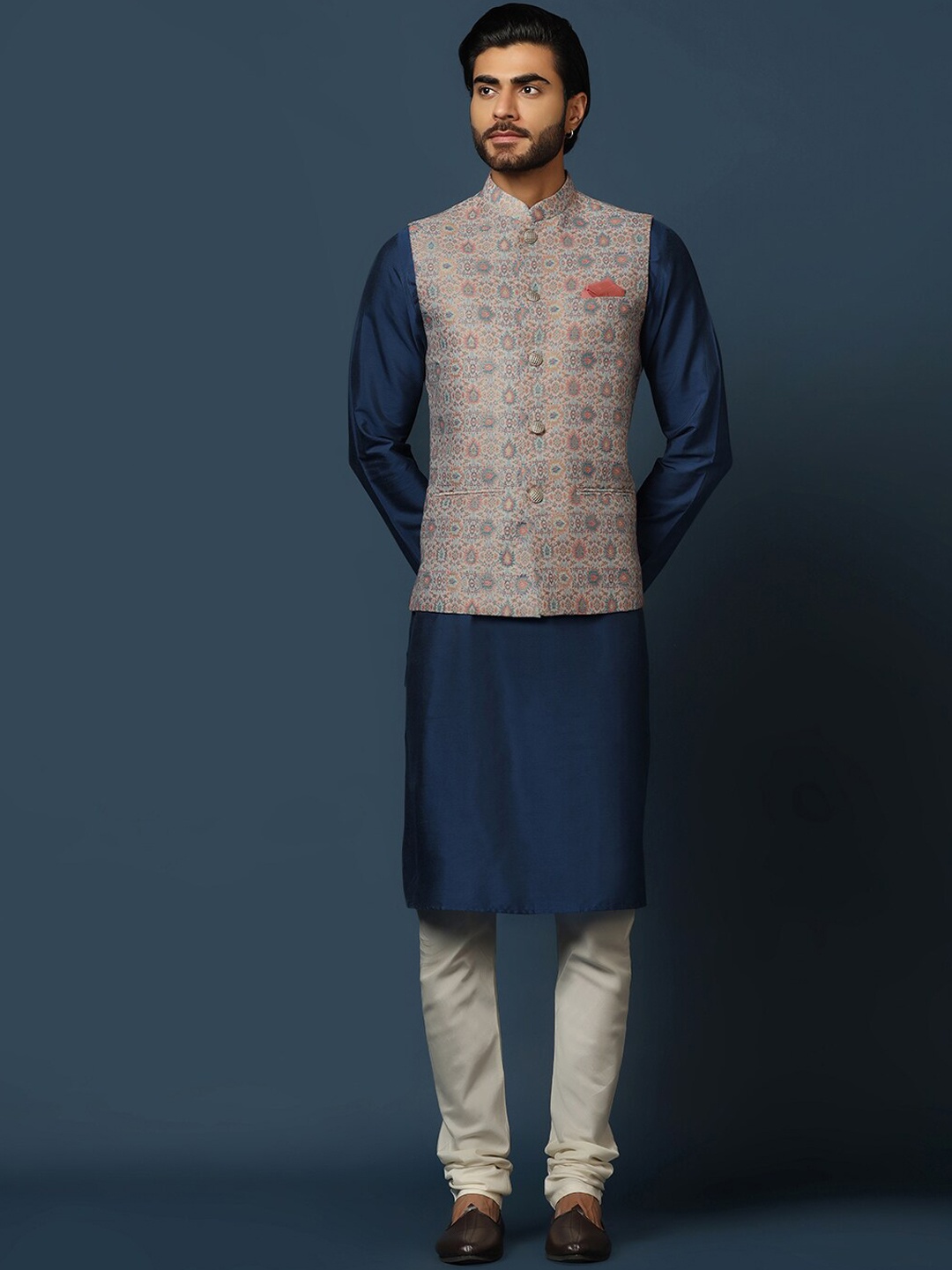 

KISAH Mandarin Collar Regular Kurta with Churidar & Printed Nehru Jacket, Teal