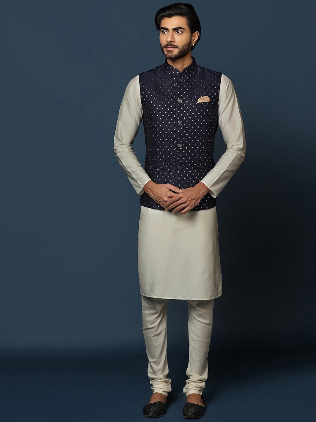 

KISAH Mandarin Collar Straight Kurta with Churidar & Nehru Jacket, Cream