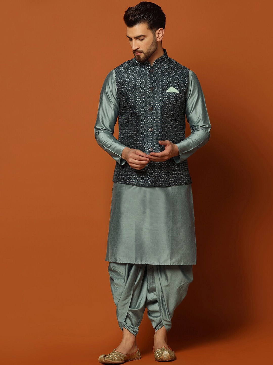 

KISAH Mandarin Collar Kurta with Dhoti Pants & Printed Nehru Jacket, Grey