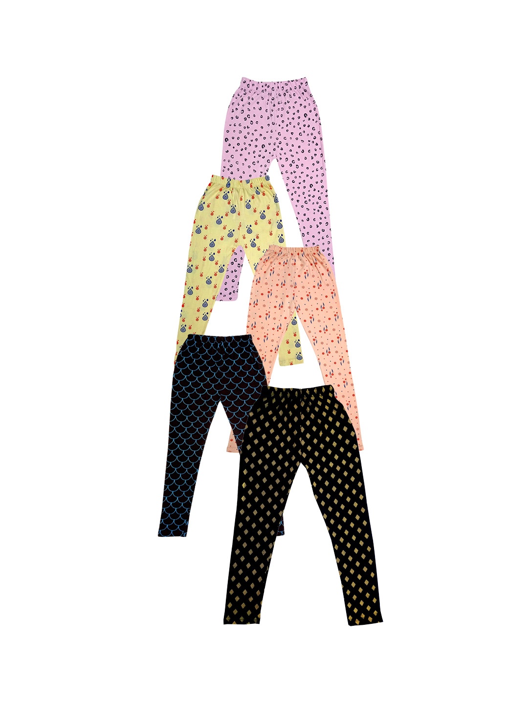 

IndiWeaves Girls Pack Of 5 Printed Ankle Length Pure Cotton Leggings, Black