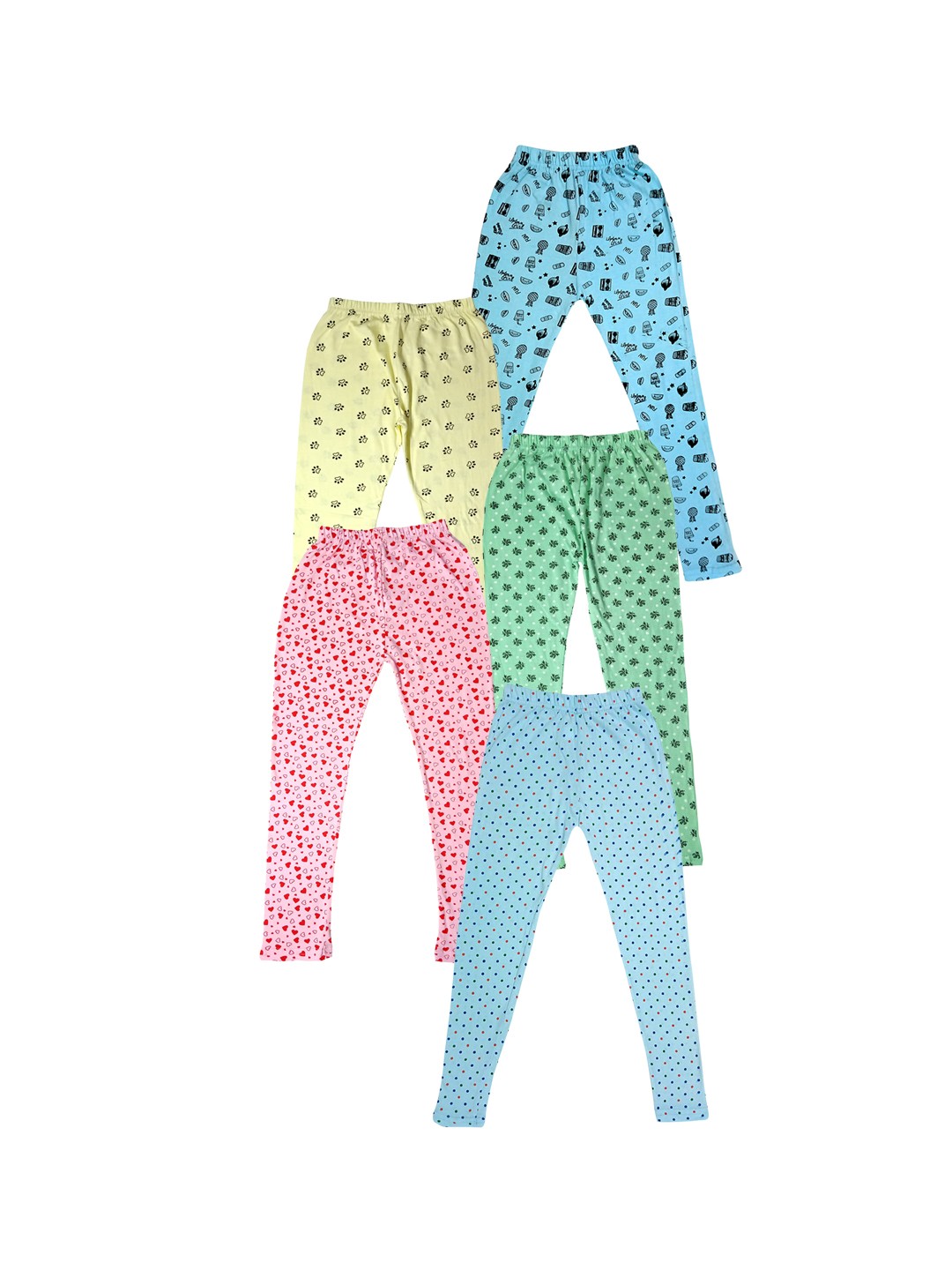 

IndiWeaves Girls Pack of 5 Printed Pure Cotton Ankle-Length Leggings, Blue
