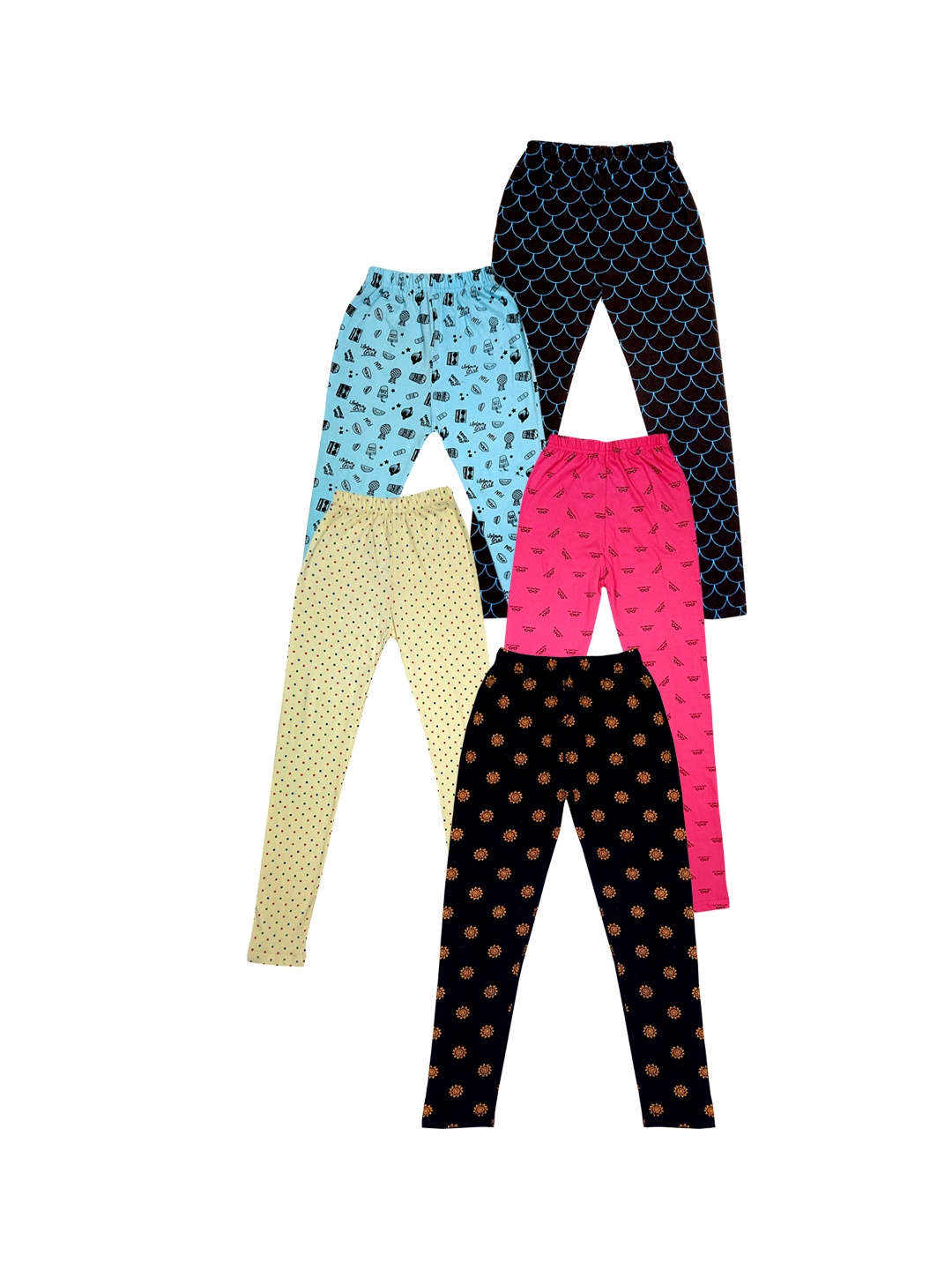

IndiWeaves Girls Pack of 5 Printed Pure Cotton Ankle-Length Leggings, Black