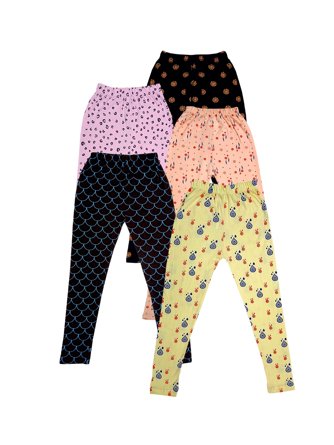 

IndiWeaves Girls Pack of 5 Printed Pure Cotton Ankle Length Leggings, Black