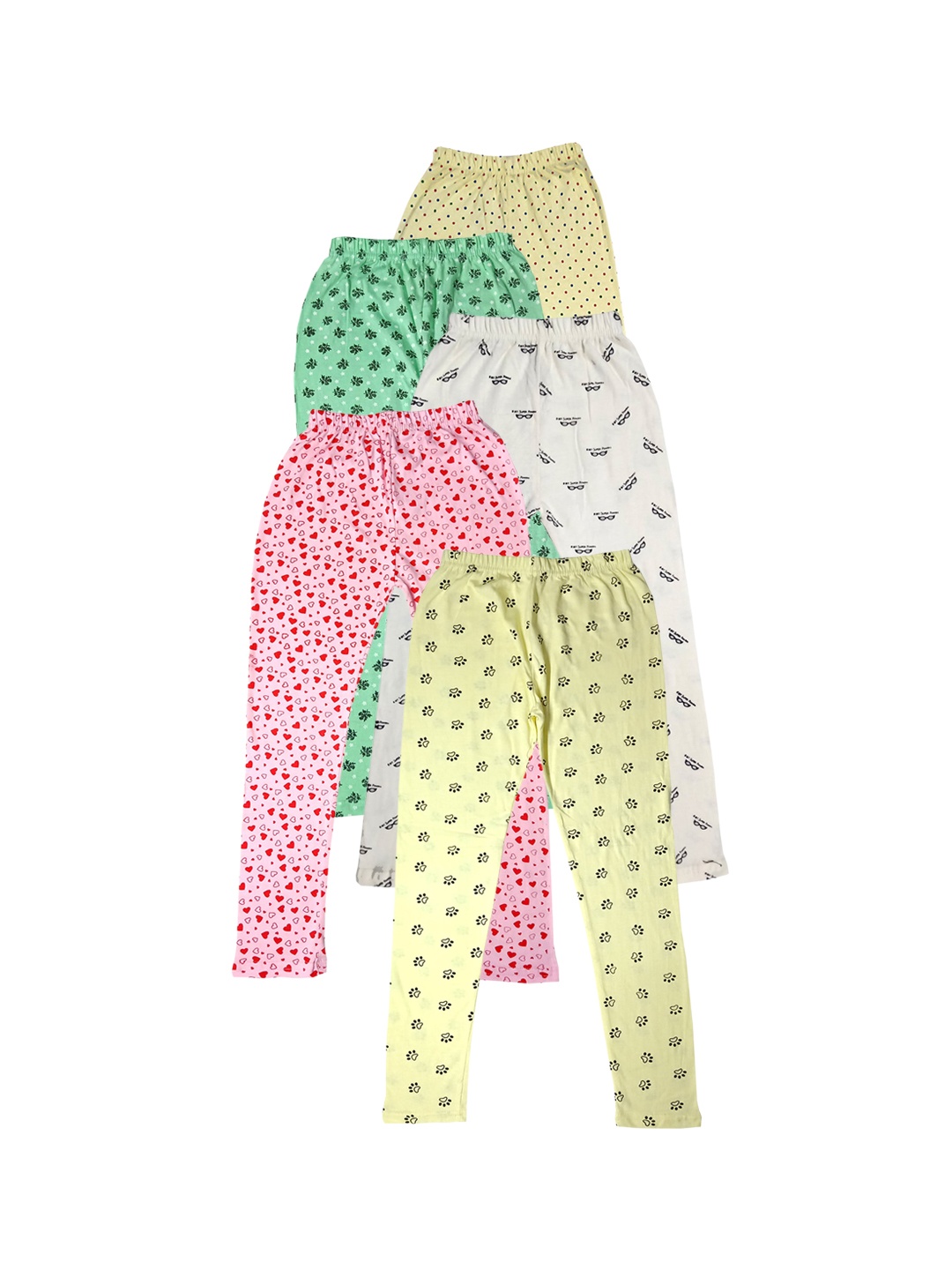 

IndiWeaves Girls Pack of 5 Printed Pure Cotton Ankle-Length Leggings, Yellow