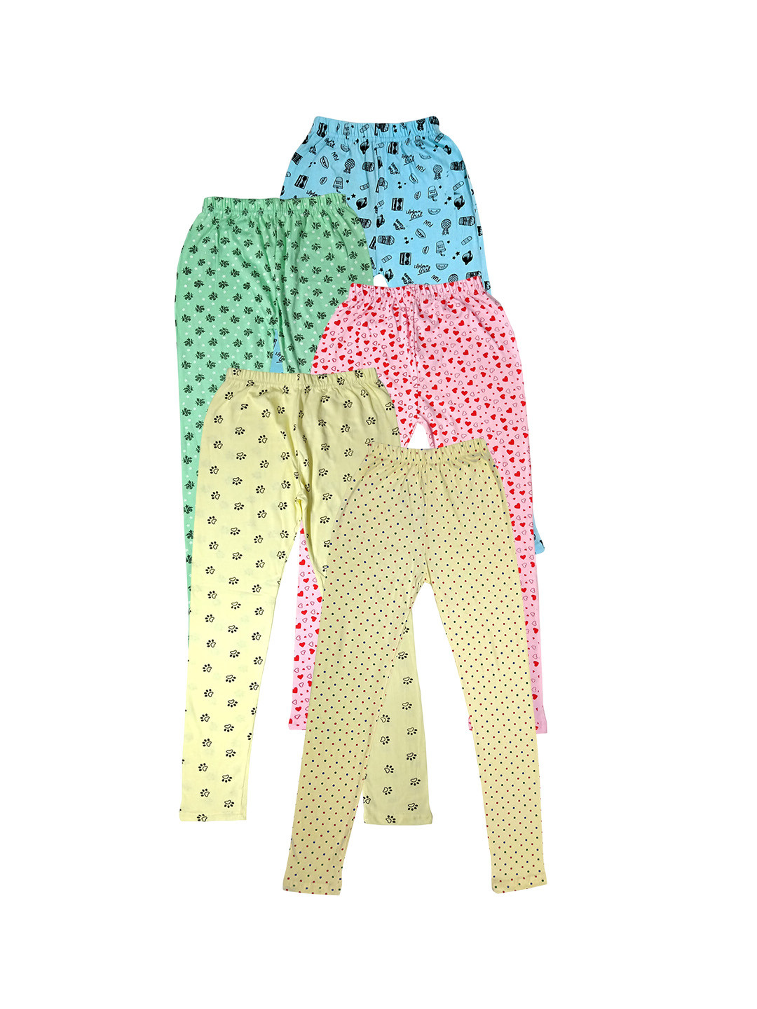 

IndiWeaves Girls Pack of 5 Printed Pure Cotton Ankle-Length Leggings, Yellow