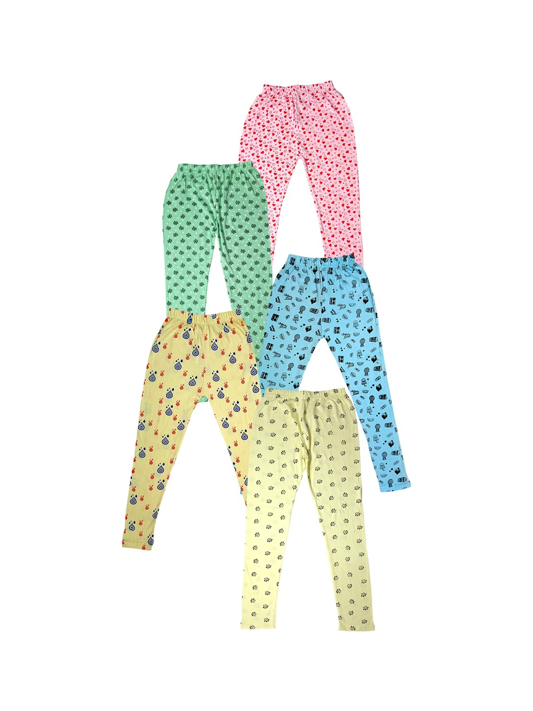 

IndiWeaves Girls Pack of 5 Printed Pure Cotton Ankle-Length Leggings, Yellow