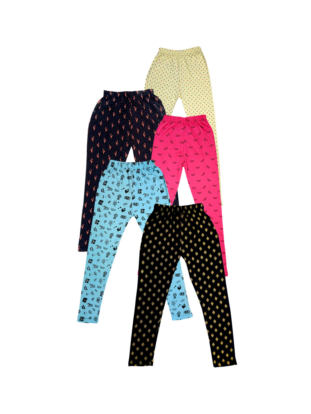 

IndiWeaves Girls Pack of 5 Printed Ankle-Length Pure Cotton Leggings, Black