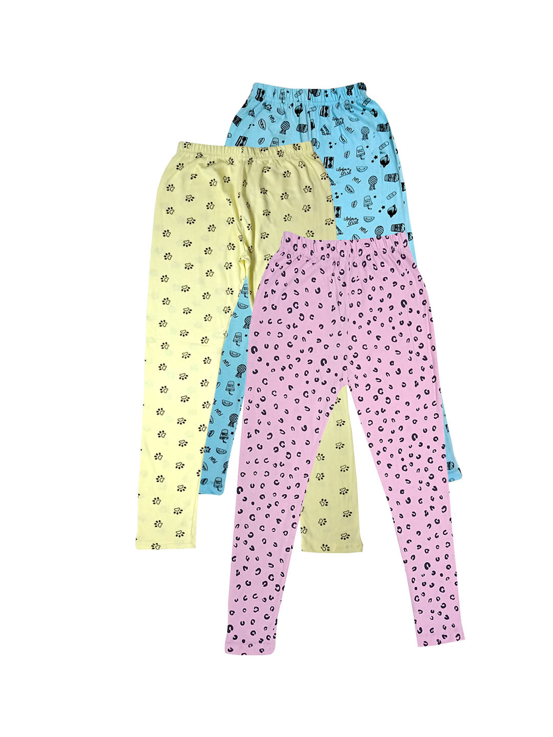 

IndiWeaves Girls Pack of 3 Printed Super Soft Pure Cotton Ankle-Length Leggings, Blue