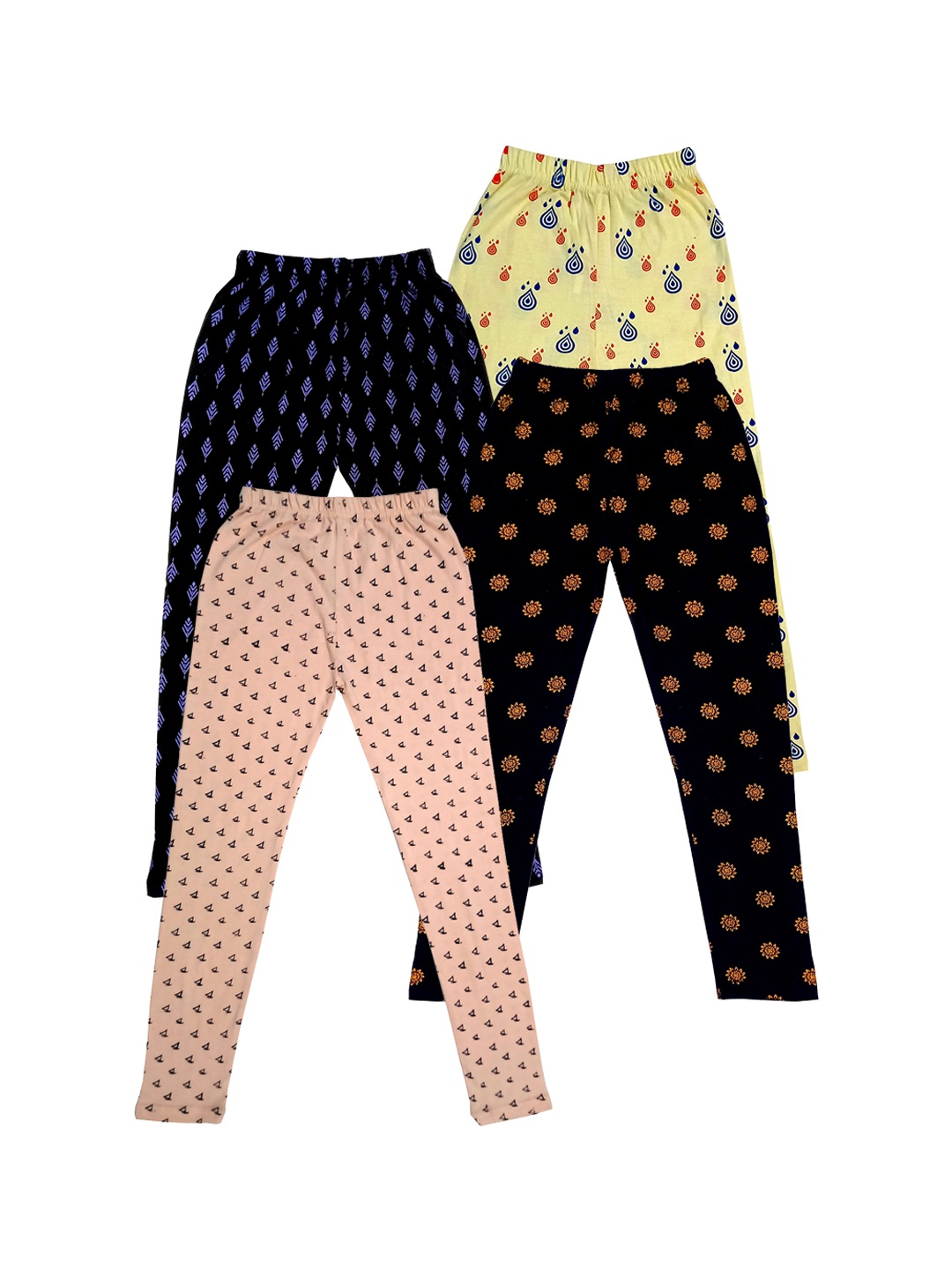 

IndiWeaves Girls Pack of 4 Printed Pure Cotton Ankle Length Leggings, Black