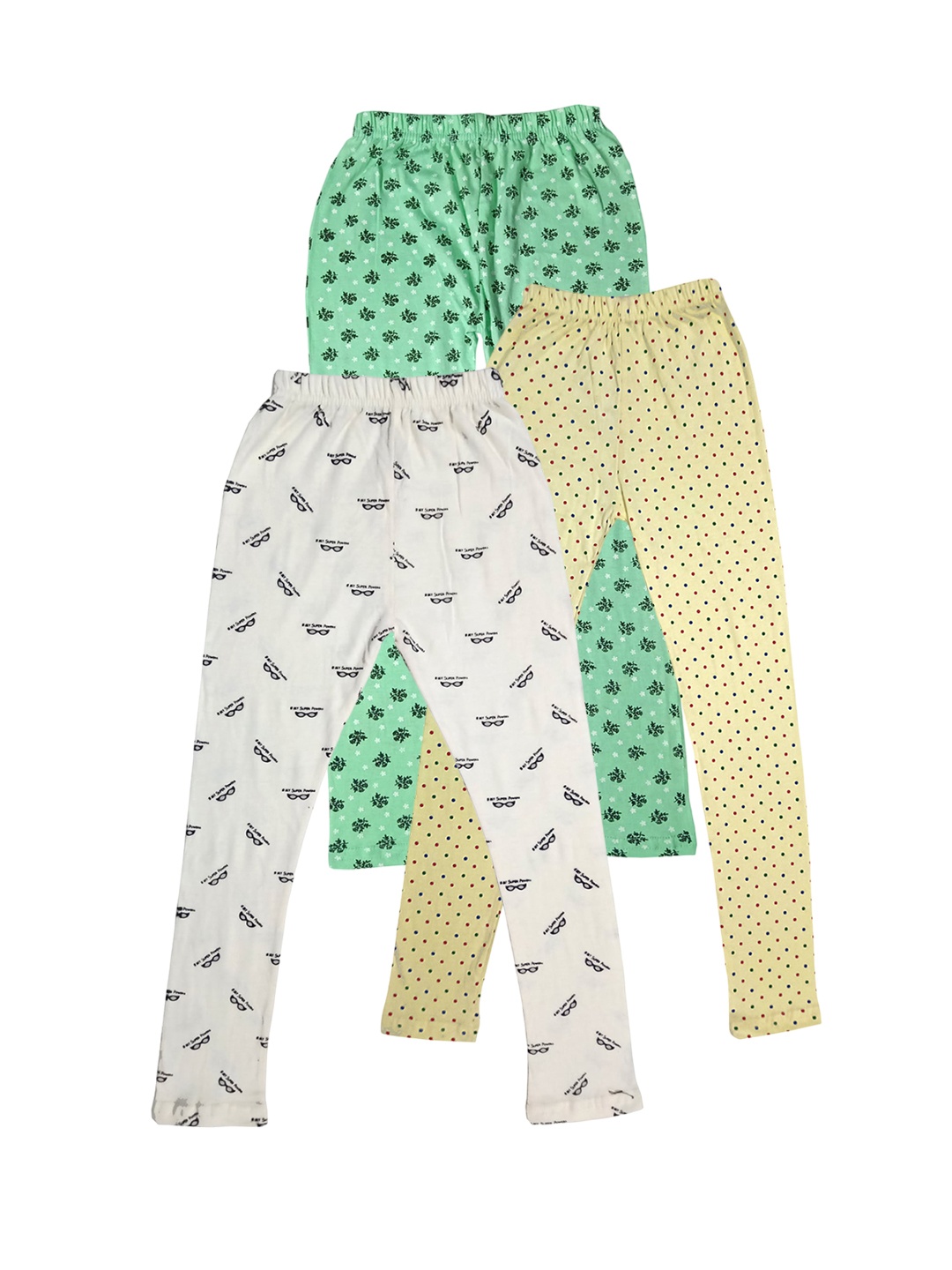 

IndiWeaves Girls Pack Of 3 Printed Pure Cotton Ankle Length Leggings, Green