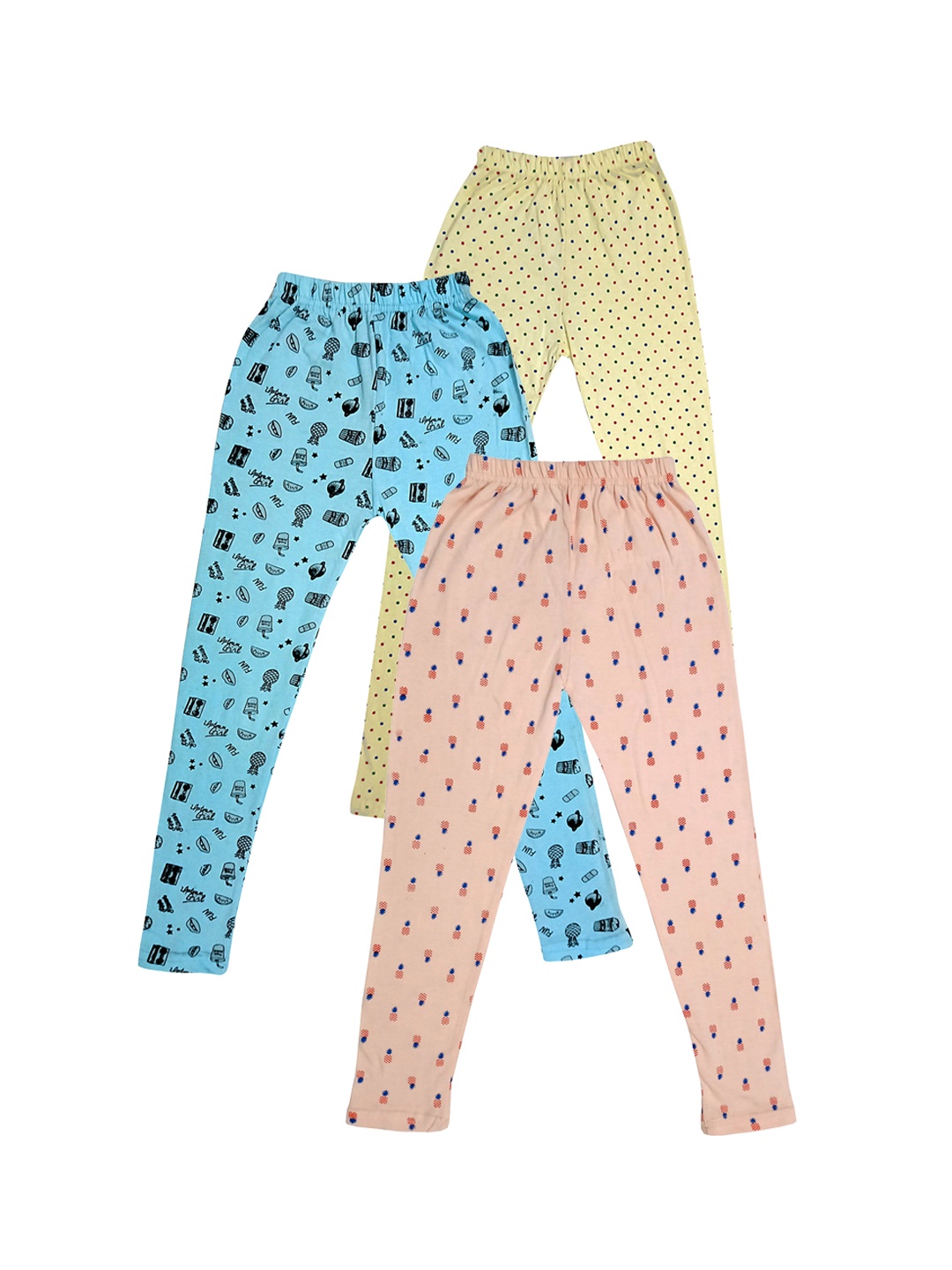 

IndiWeaves Girls Pack of 3 Printed Pure Cotton Ankle-Length Leggings, Blue