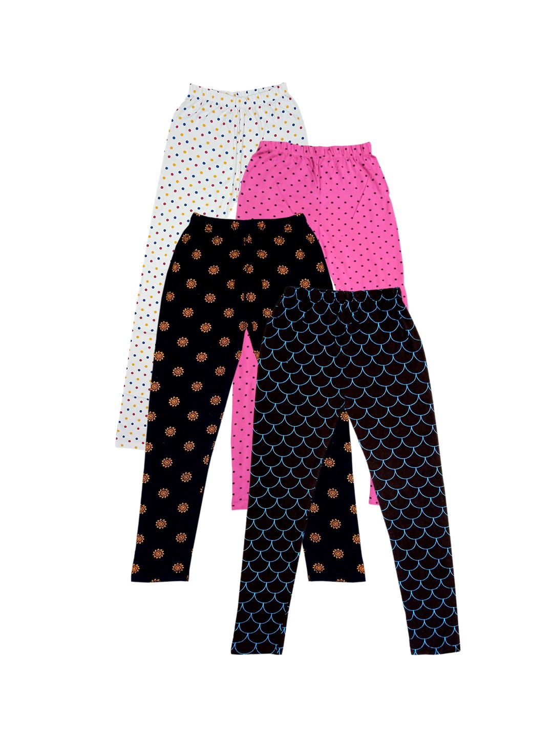 

IndiWeaves Girls Pack Of 4 Printed Pure Cotton Ankle-Length Leggings, Black