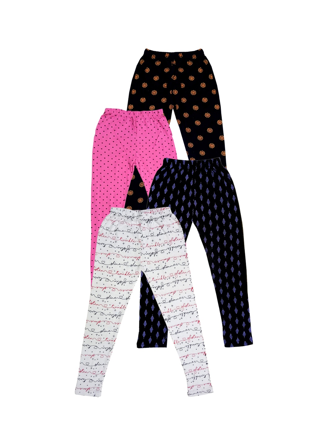 

IndiWeaves Girls Pack Of 4 Printed Pure Cotton Ankle-Length Leggings, Black