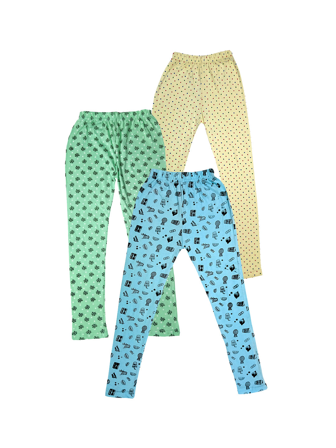 

IndiWeaves Girls Pack of 3 Printed Pure Cotton Ankle-Length Leggings, Blue