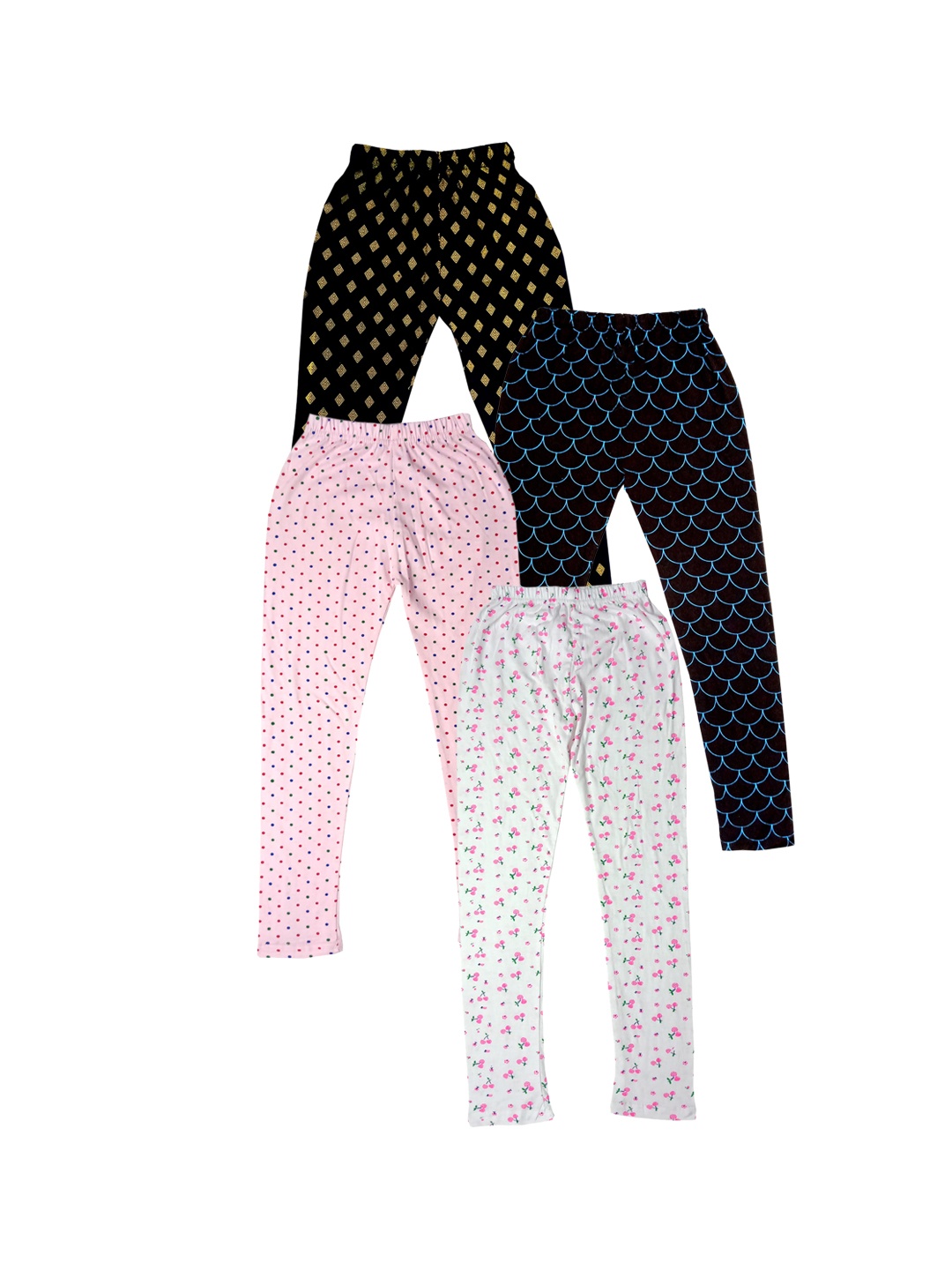 

IndiWeaves Girls Pack Of 4 Printed Pure Cotton Ankle Length Leggings, Black
