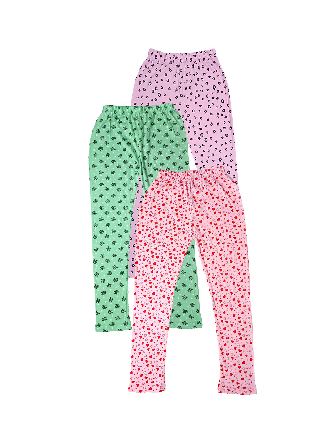

IndiWeaves Girls Pack of 3 Printed Pure Cotton Ankle-Length Leggings, Pink