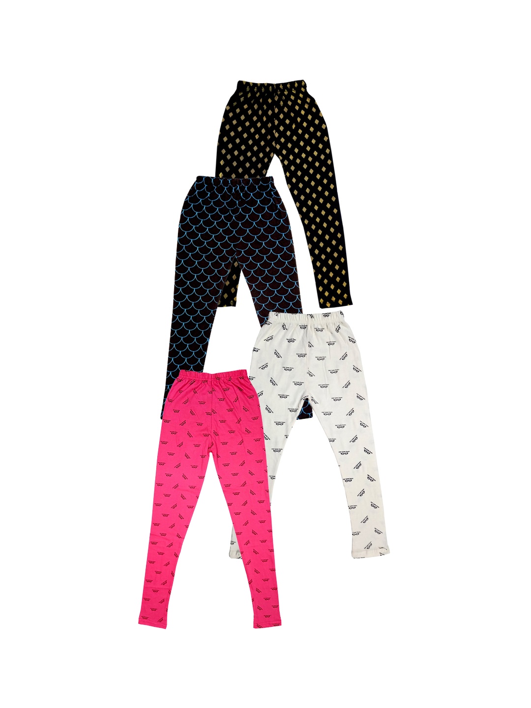 

IndiWeaves Girls Pack Of 4 Printed Pure Cotton Ankle-Length Leggings, Black