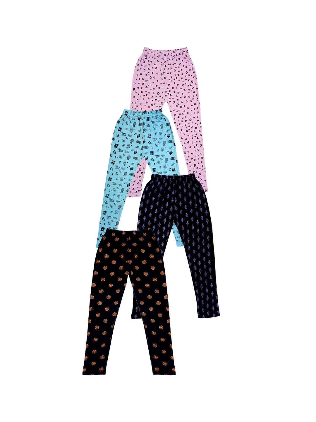 

IndiWeaves Girls Pack of 4 Printed Pure Cotton Ankle-Length Leggings, Black
