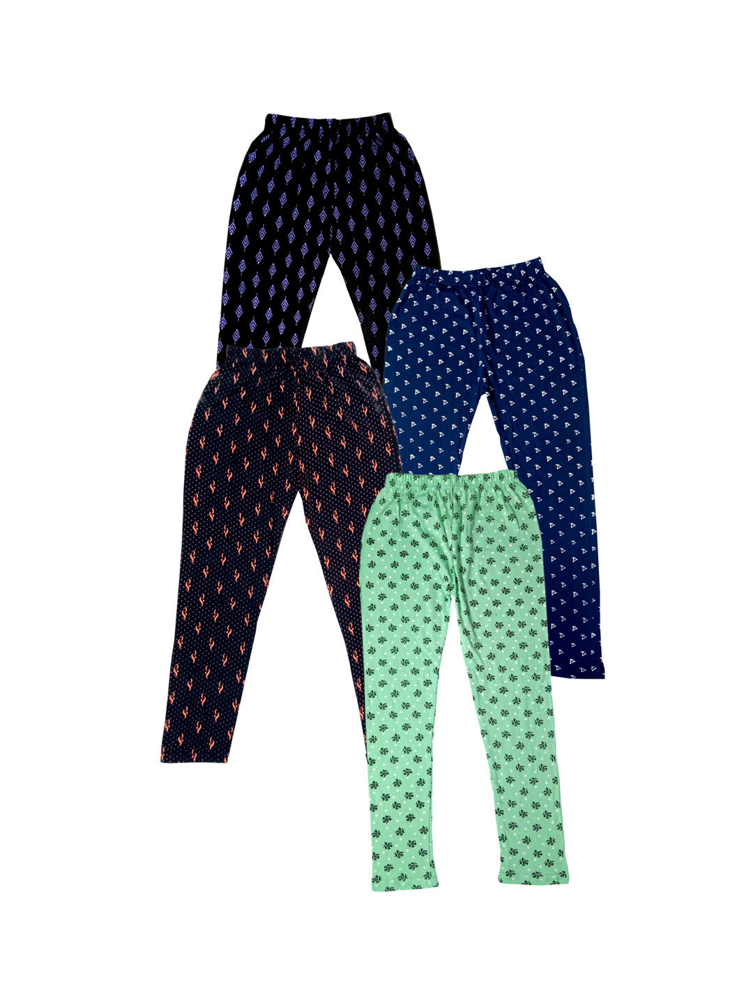 

IndiWeaves Girls Pack of 4 Printed Super Soft Pure Cotton Ankle-Length Leggings, Blue