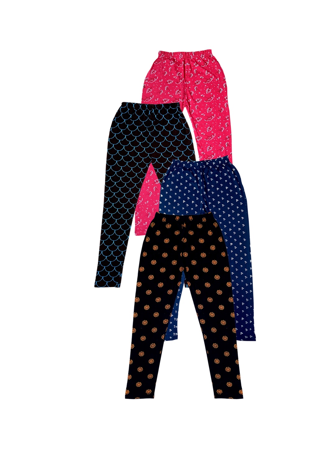 

IndiWeaves Girls Pack of 4 Printed Super Soft Pure Cotton Ankle-Length Leggings, Black