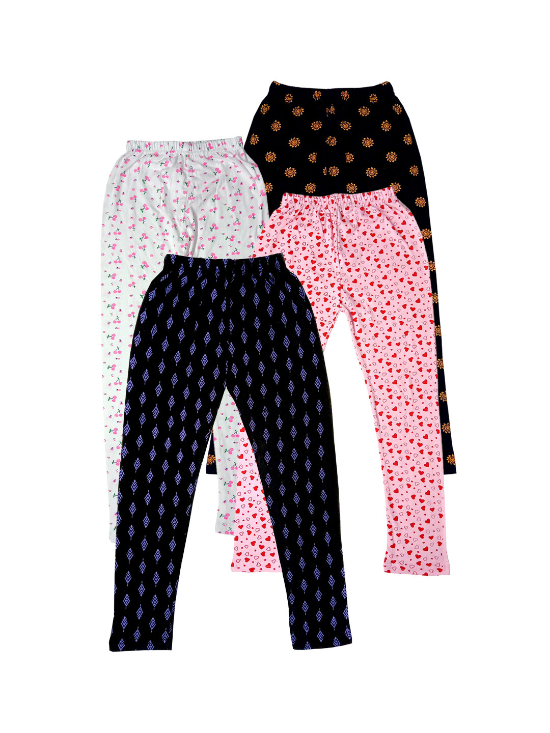 

IndiWeaves Girls Pack Of 4 Allover Printed Ankle Length Pure Cotton Leggings, Black