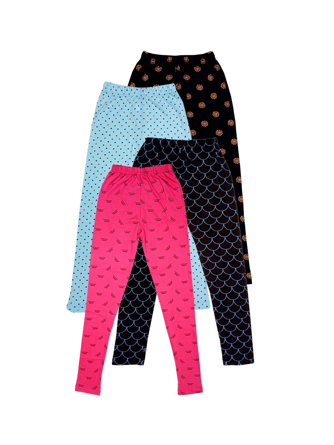 

IndiWeaves Girls Pack of 4 Printed Pure Cotton Ankle-Length Leggings, Black