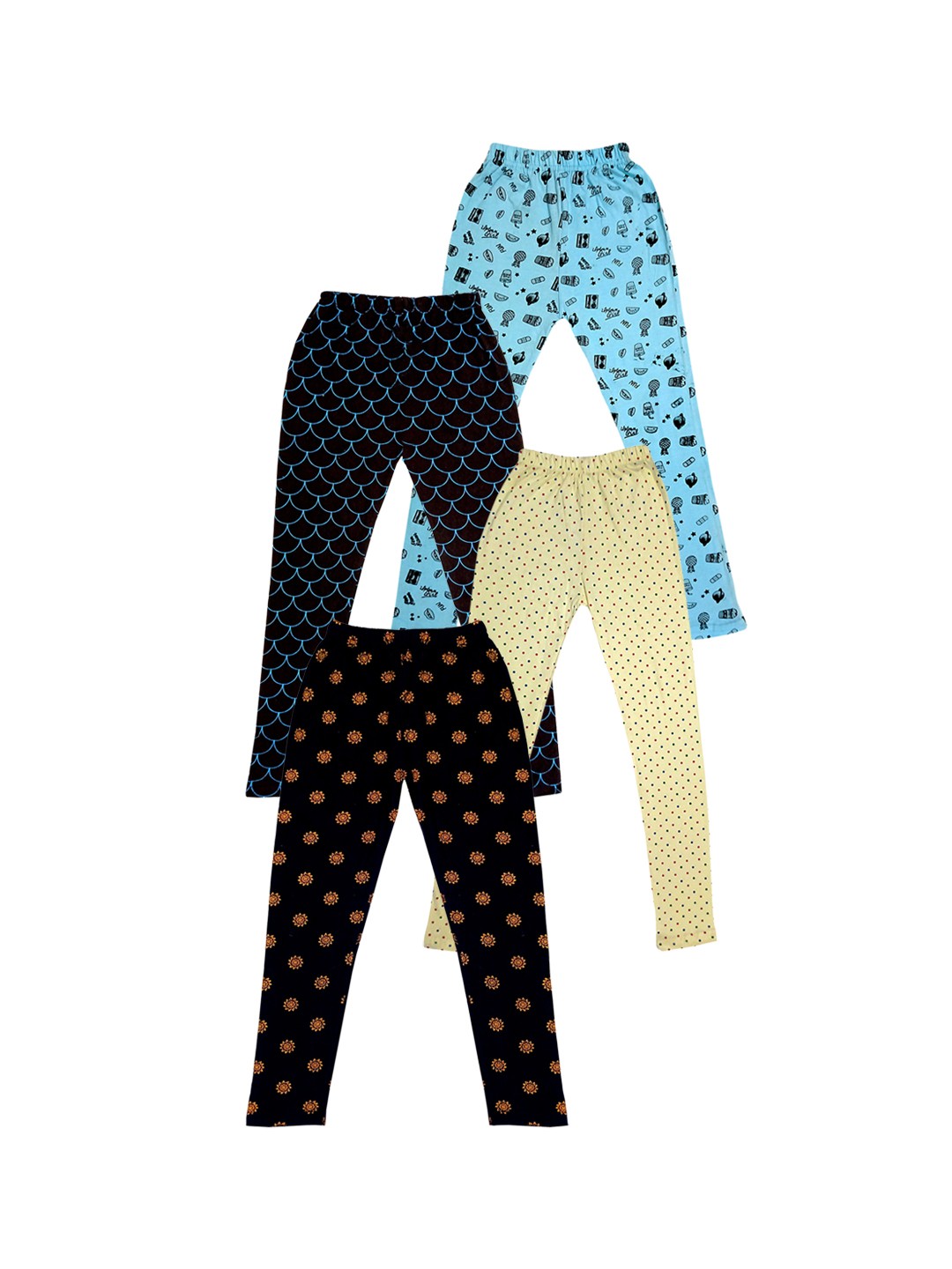 

IndiWeaves Girls Pack Of 4 Printed Pure Cotton Leggings, Black