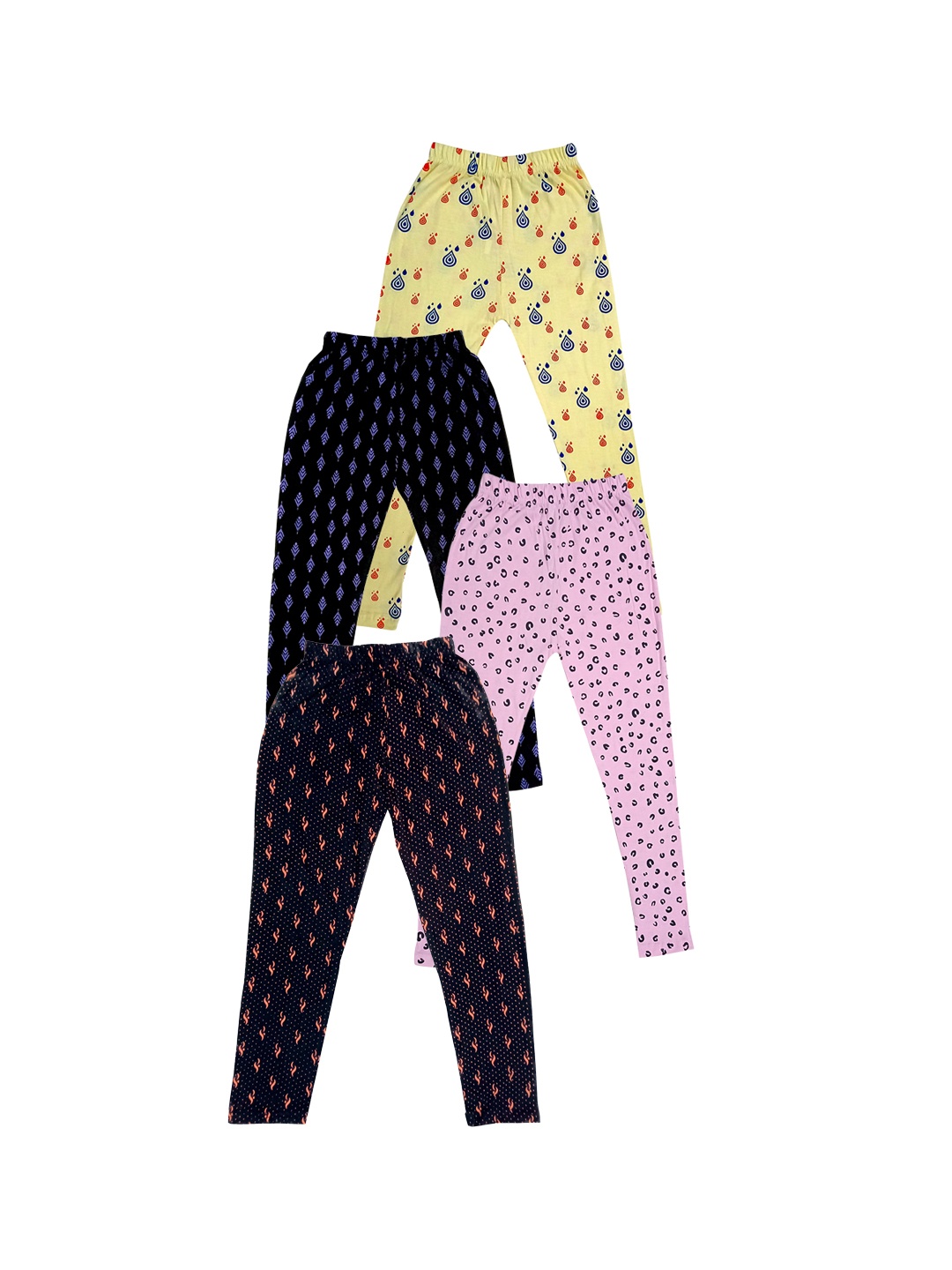 

IndiWeaves Pack Of 4 Printed Pure Cotton Ankle Length Leggings, Yellow