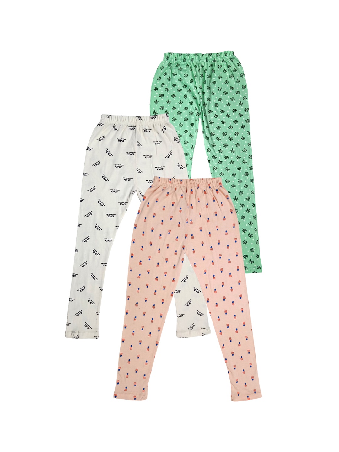 

IndiWeaves Girls Pack of 3 Printed Pure Cotton Ankle-Length Leggings, White