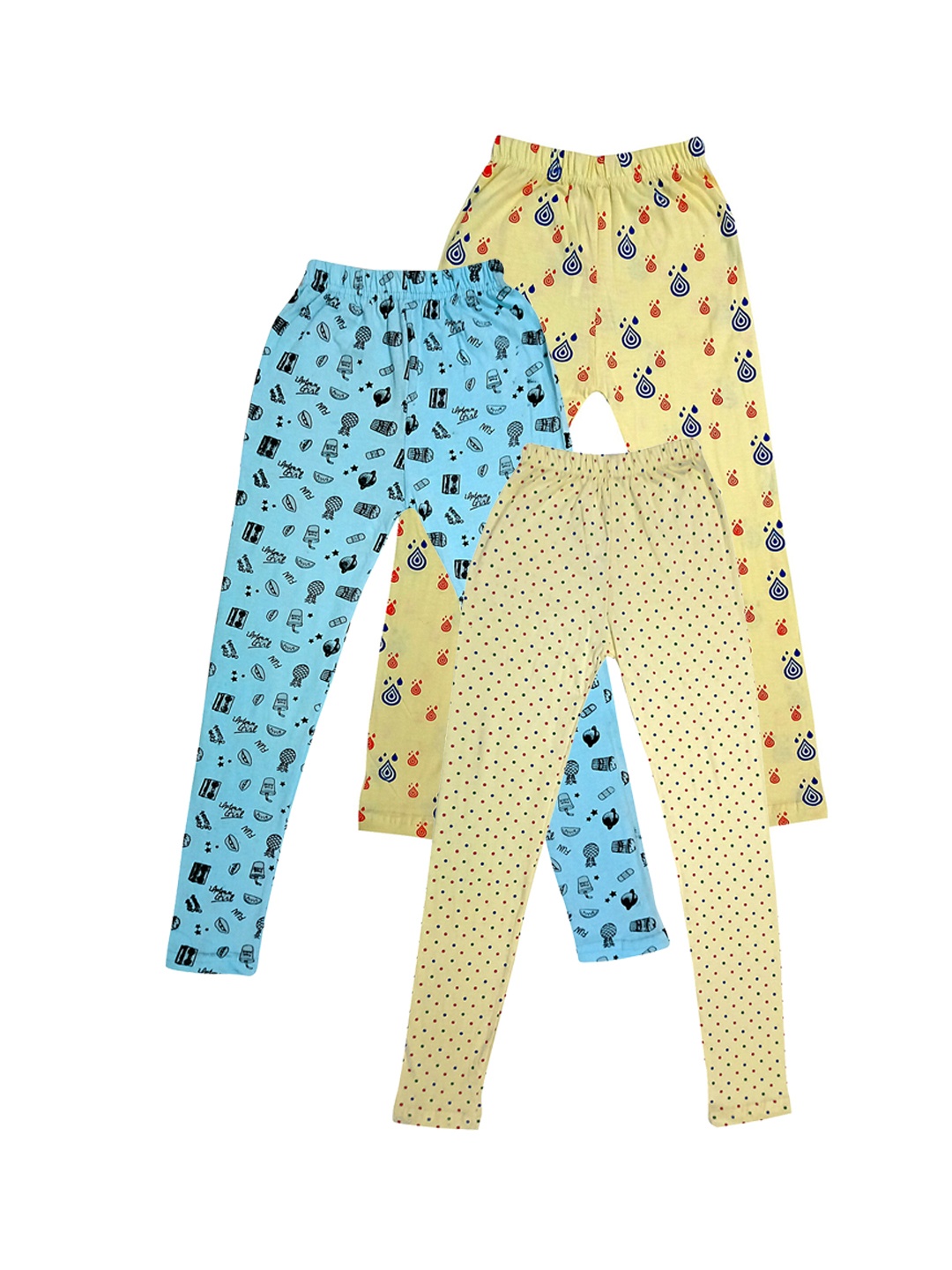 

IndiWeaves Girls Pack Of 3 Printed Pure Cotton Ankle Length Leggings, Yellow