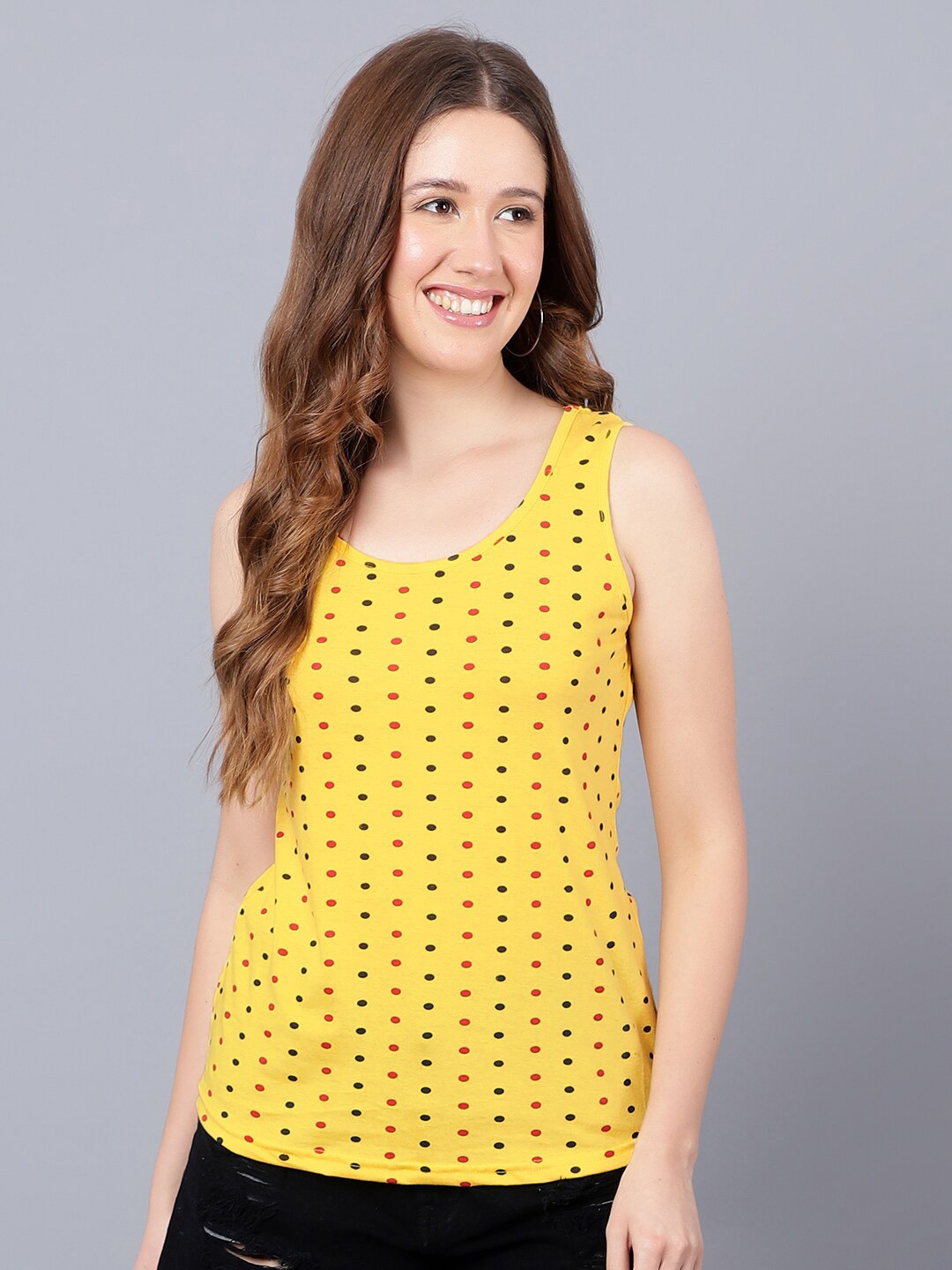 

DIAZ Polka Dot Printed Sleeveless Scoop Neck Tank Top, Yellow