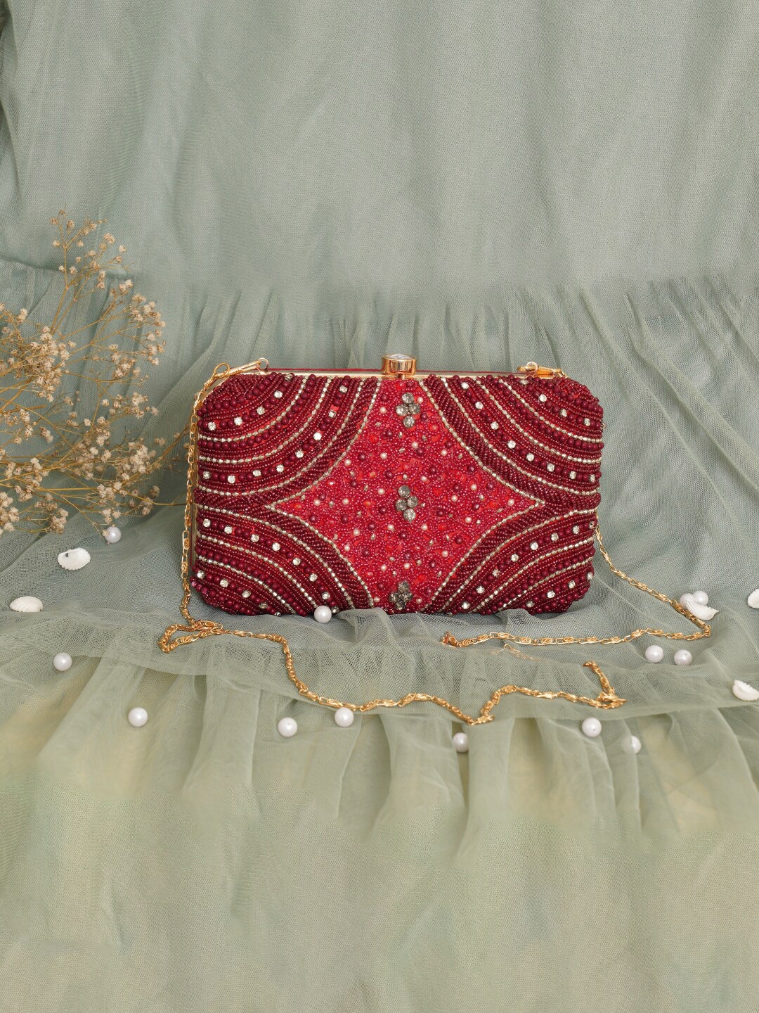 

FABBHUE Embroidered Box Clutch With Shoulder Strap, Maroon