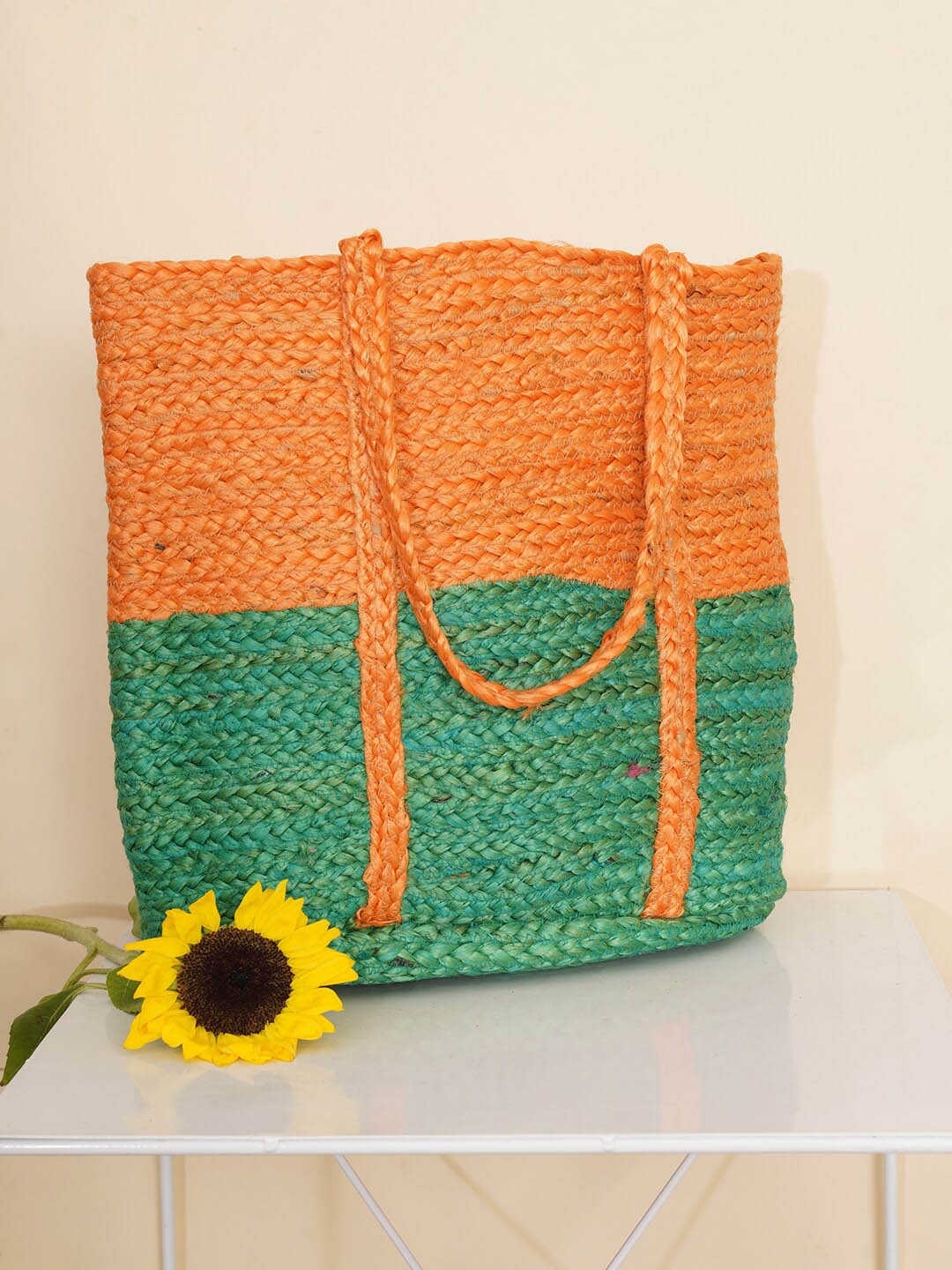 

FABBHUE Colourblocked Shopper Handheld Bag, Orange