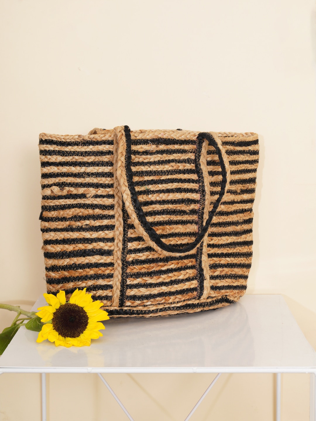 

FABBHUE Striped Shopper Jute Tote Bag, Black
