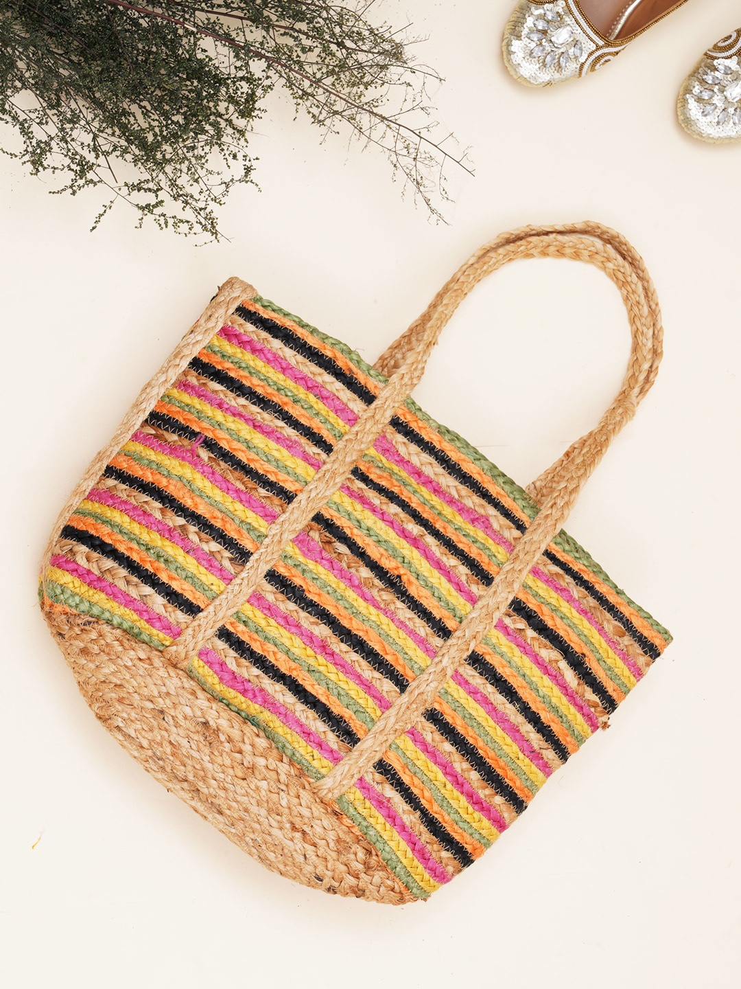 

FABBHUE Striped Shopper Jute Tote Bag, Yellow