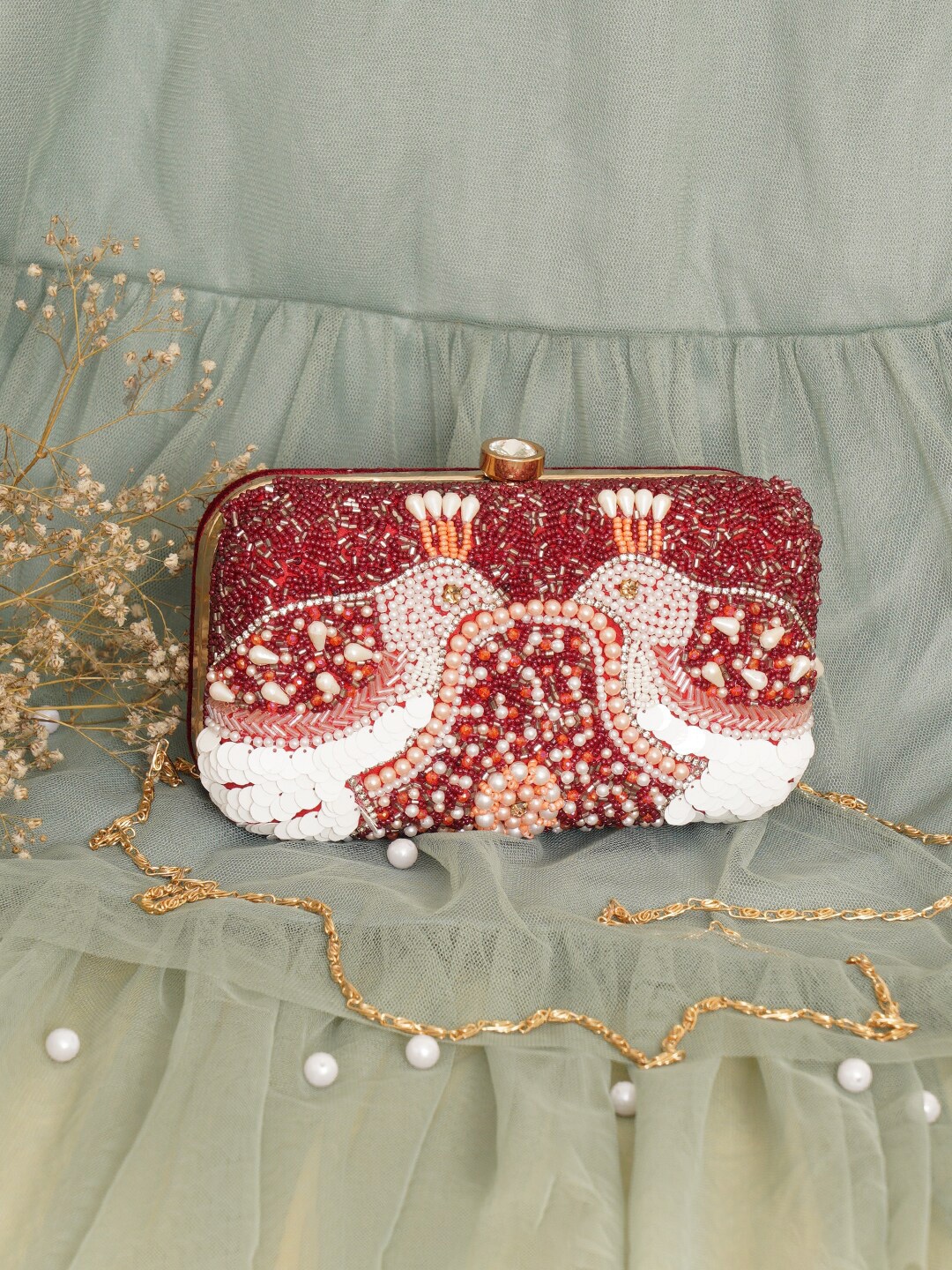 

FABBHUE Embroidered Box Clutch With Shoulder Strap, Maroon