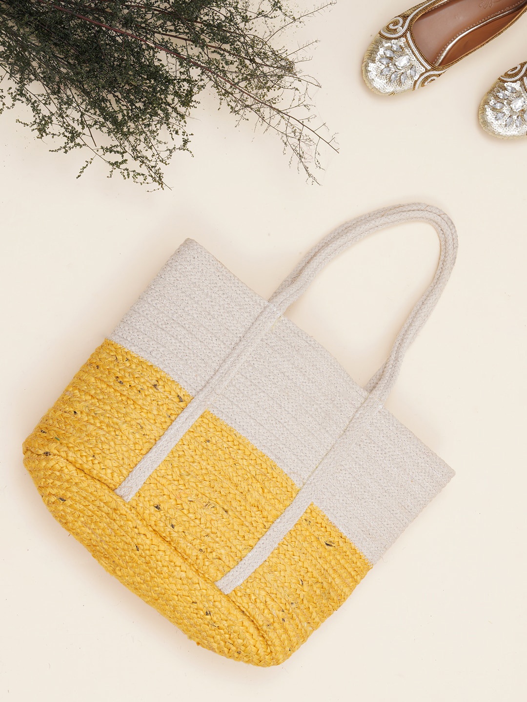 

FABBHUE Colourblocked Jute Shopper Tote Bag, White